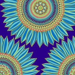 Boho chic mandala ornamental sunflower - blue, gold and red