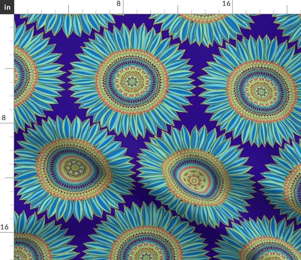 Boho chic mandala ornamental sunflower - blue, gold and red