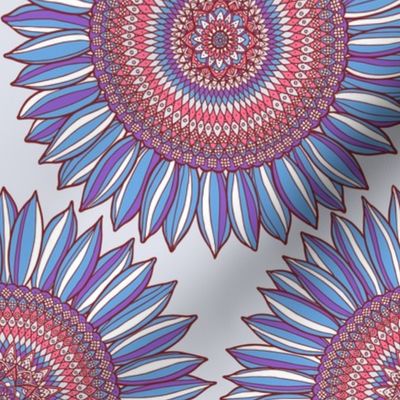 Boho chic mandala sunflowers in blue, red and gray