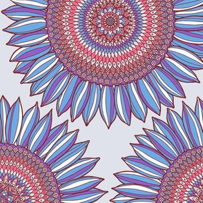 Boho chic mandala sunflowers in blue, red and gray