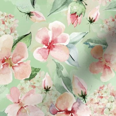 Sweet Watercolor Blush Roses on Green- large