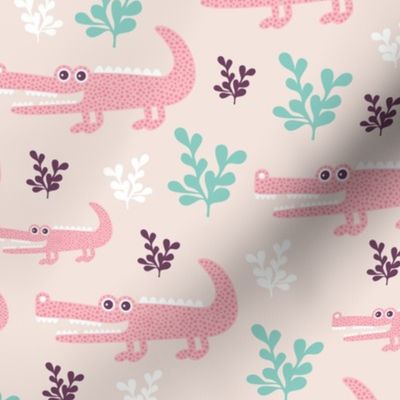 Sweet crocodile safari garden design kids pastel animals pink 