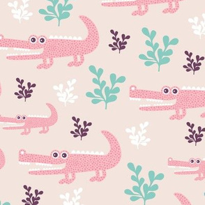 Sweet crocodile safari garden design kids pastel animals pink 