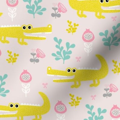 Sweet crocodile safari flower leaf garden design kids pastel animals pink mustard 