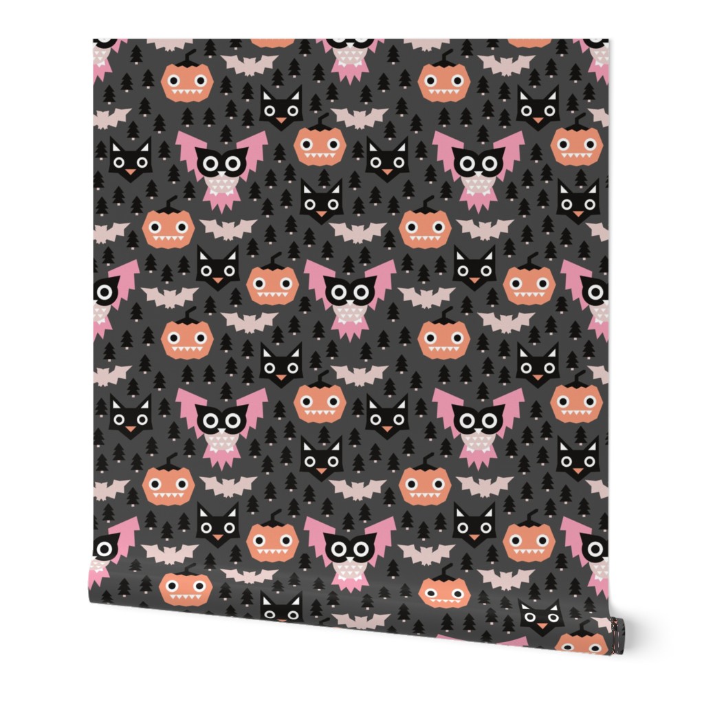 Pine tree forest horror night halloween animals owls black cat and pumpkin design pink girls