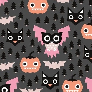 Pine tree forest horror night halloween animals owls black cat and pumpkin design pink girls