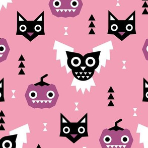 Sweet kawaii fall halloween animals pumpkins owls and cats geometric kids design pink purple