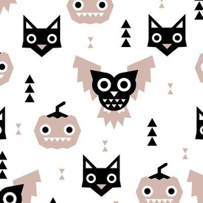 Sweet kawaii halloween animals pumpkins owls and cats geometric kids design beige black and white