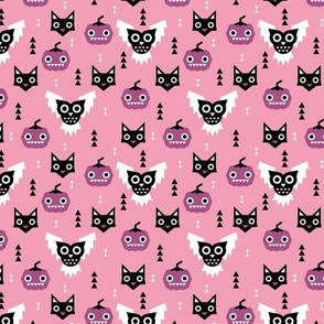 Sweet kawaii fall halloween animals pumpkins owls and cats geometric kids design pink purple SMALL