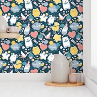 Small scale // My Baby's Pattern // navy blue background with yellow // baby girl or boy