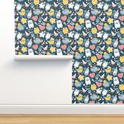 Small scale // My Baby's Pattern // navy blue background with yellow // baby girl or boy