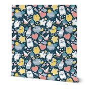 Small scale // My Baby's Pattern // navy blue background with yellow // baby girl or boy