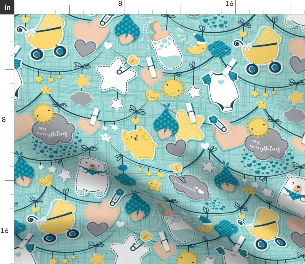 Normal scale // Precious Baby Love // aqua linen texture background // baby boy