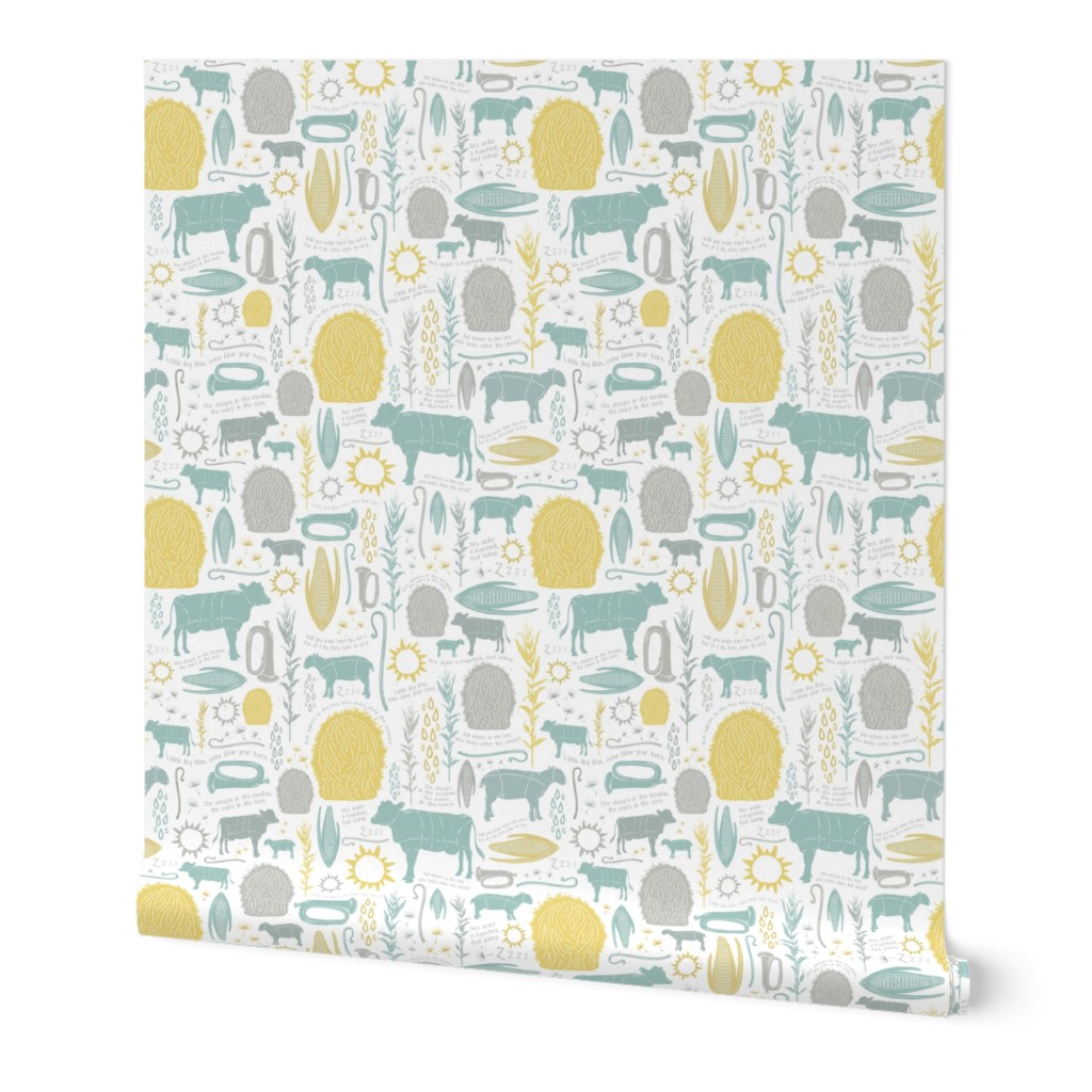 Little Boy Blue Nursery Rhyme Gender Neutral Baby + Children Print with Farm Animals, Botanicals, and Natural Elements in Soft Pastels