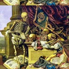 skeletons death grim reaper skulls war battles hourglass compass crown flags coat of arms music lute knight armor scepter violin music notes crowns heraldry playing cards poker dice pope hats masks trumpets eerie macabre spooky bizarre morbid gothic horro