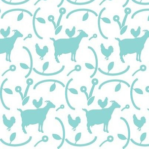 Goats and Hens Teal Blue on White, Animal Silhouettes, Farmhouse Style