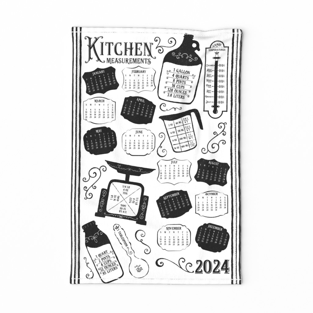 Kitchen Conversions 2024 Calendar ~ White Black ~ Conversion Chart 