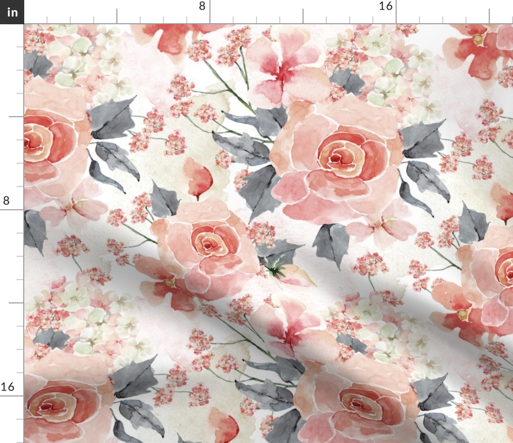 Romantic Watercolor Blush Roses on White- Large