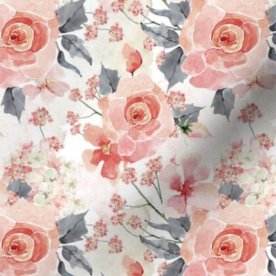 24" Romantic Watercolor Blush Roses on White - Small