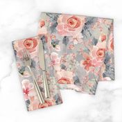 18" Romantic Watercolor Blush Roses on Gray