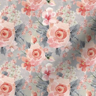 18" Romantic Watercolor Blush Roses on Gray- Small