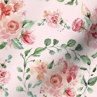 18" Sweet Watercolor Blush Roses on White - Large