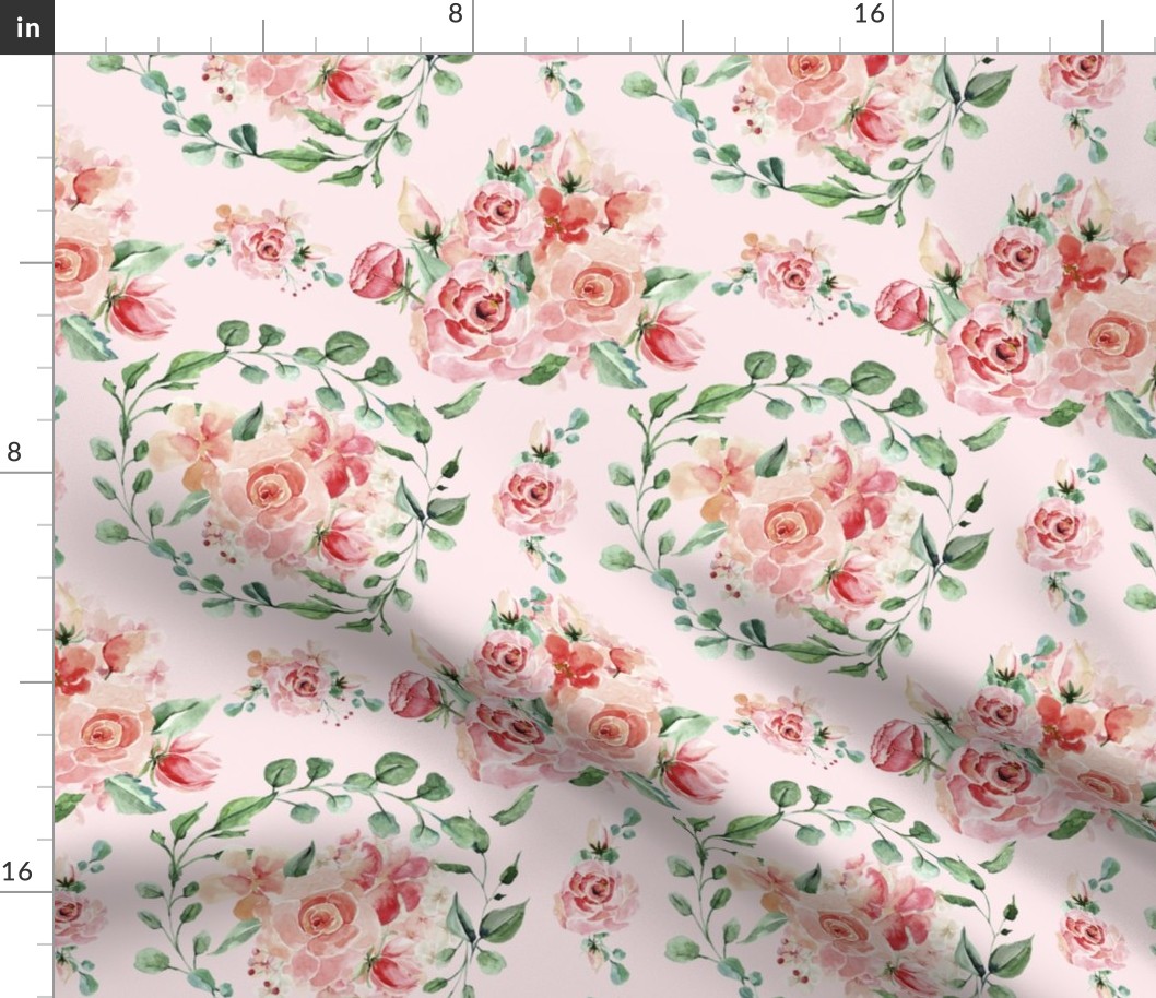 18" Sweet Watercolor Blush Roses on White - Large