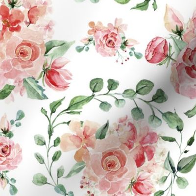  18" Sweet Watercolor Blush Roses on White - Large