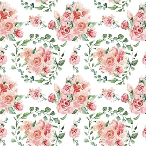  18" Sweet Watercolor Blush Roses on White - Large
