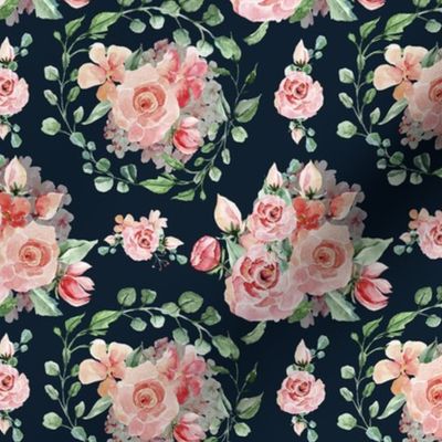 moody florals - Sweet Watercolor Blush Roses on Marine Blue - Small