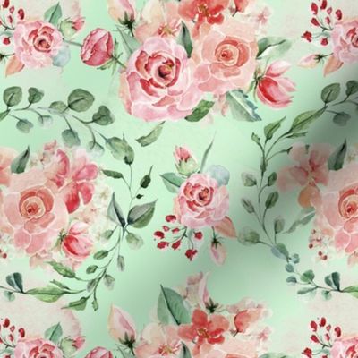 14" Sweet Watercolor Blush Roses on Green- Large