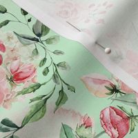 14" Sweet Watercolor Blush Roses on Green- Large