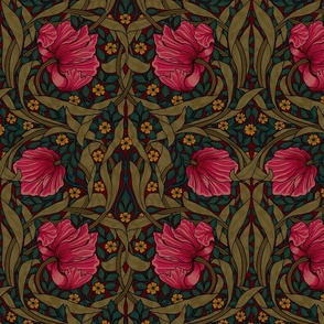 Pimpernel - LARGE - historic reconstructed damask wallpaper by William Morris -  autumnal teal sage and pink on red antiqued restored reconstruction art nouveau art deco  - linen effect  