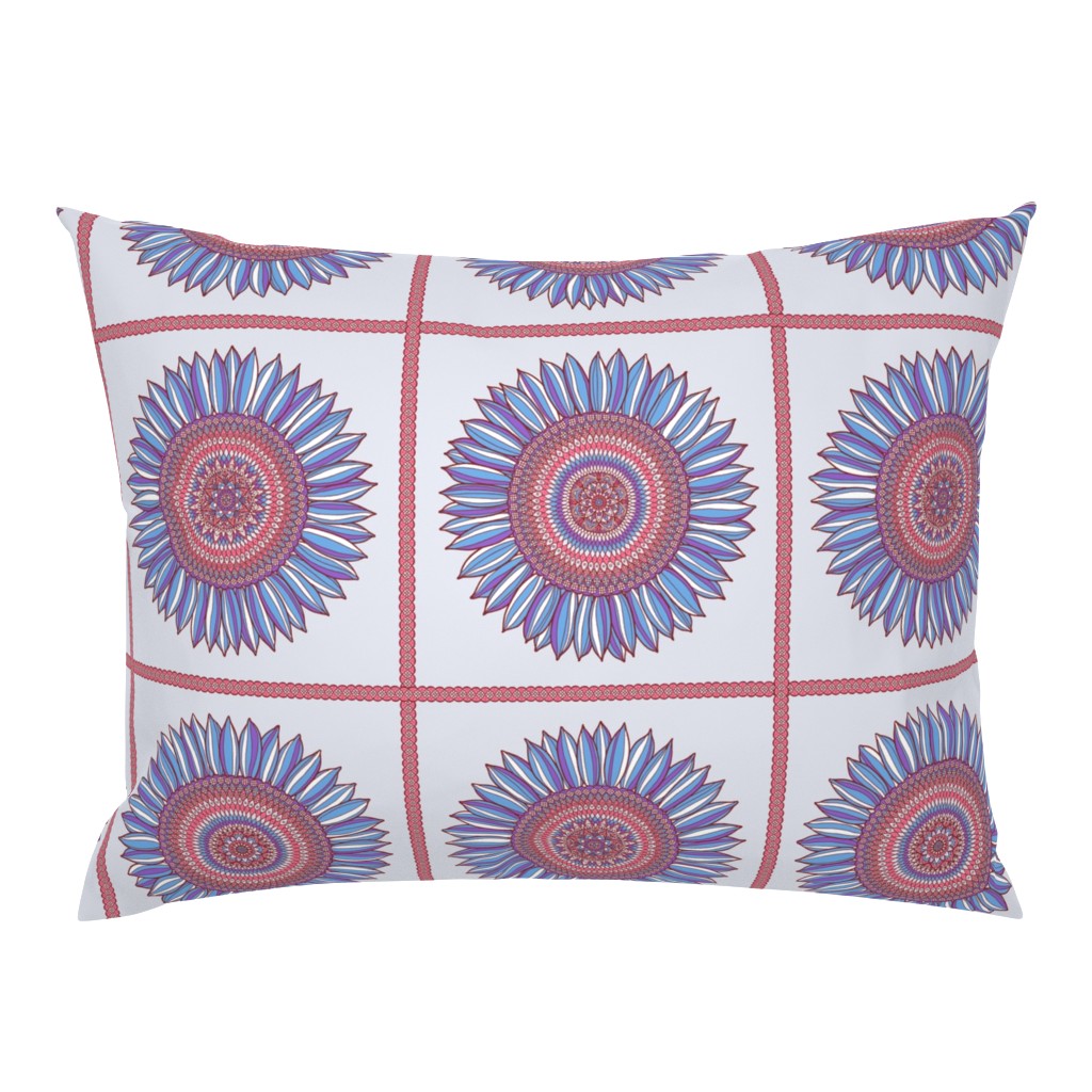 Ornamental sunflowers in squares - blue, red and gray