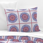 Ornamental sunflowers in squares - blue, red and gray