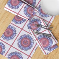 Ornamental sunflowers in squares - blue, red and gray