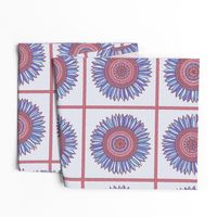 Ornamental sunflowers in squares - blue, red and gray