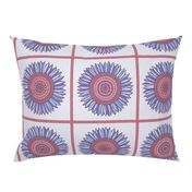 Ornamental sunflowers in squares - blue, red and gray