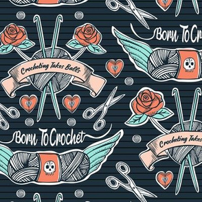 Born To Crochet Tattoo - Dark Blue Retro