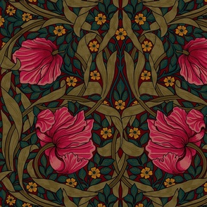 Pimpernel - LARGE - historic reconstructed damask wallpaper by William Morris -  autumnal teal sage and pink on red antiqued restored reconstruction art nouveau art deco  - linen effect  