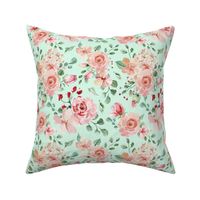 18" Sweet Watercolor Blush Roses on Green - Large