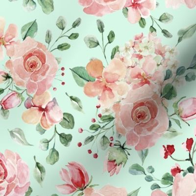 18" Sweet Watercolor Blush Roses on Green - Large