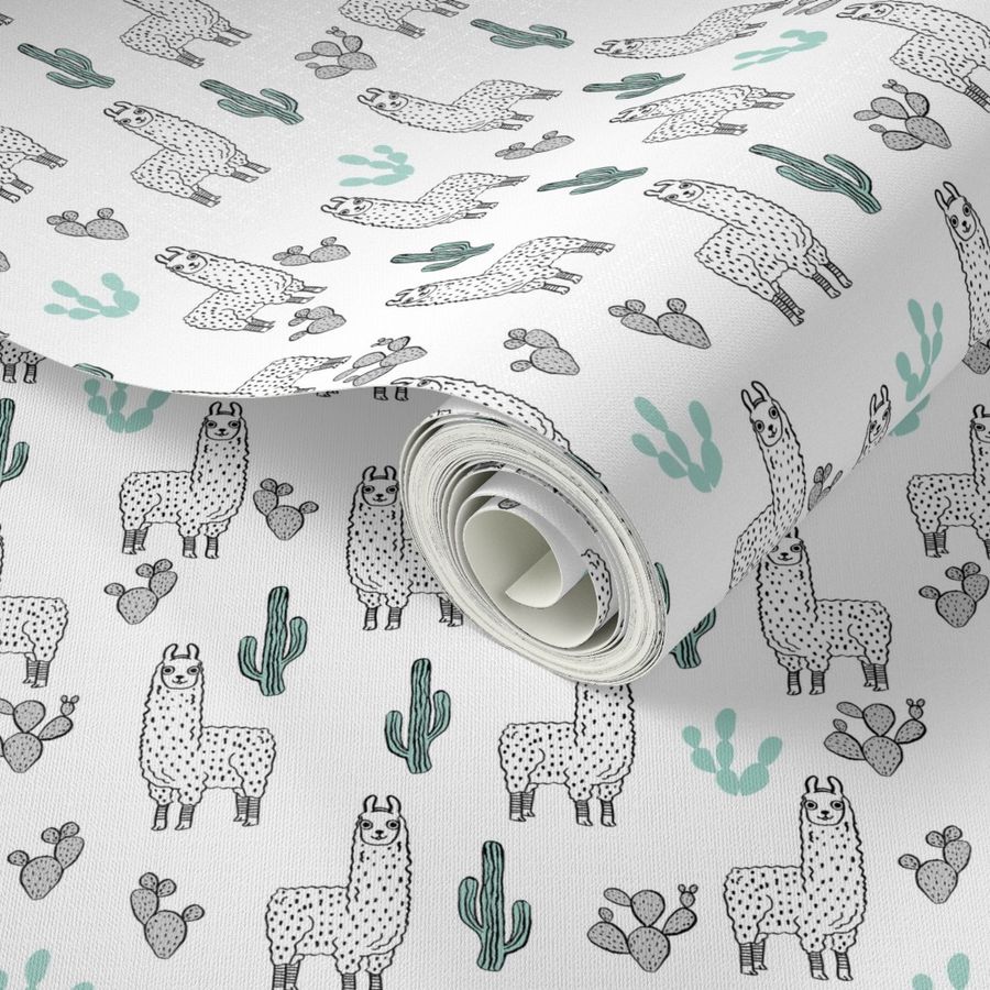 llama fabric // cute llama, cactus, nursery, baby, trendy animals, andrea lauren design fabric - white