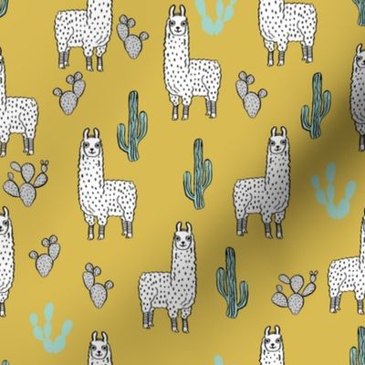 llama fabric // cute llama, cactus, nursery, baby, trendy animals, andrea lauren design fabric - mustard