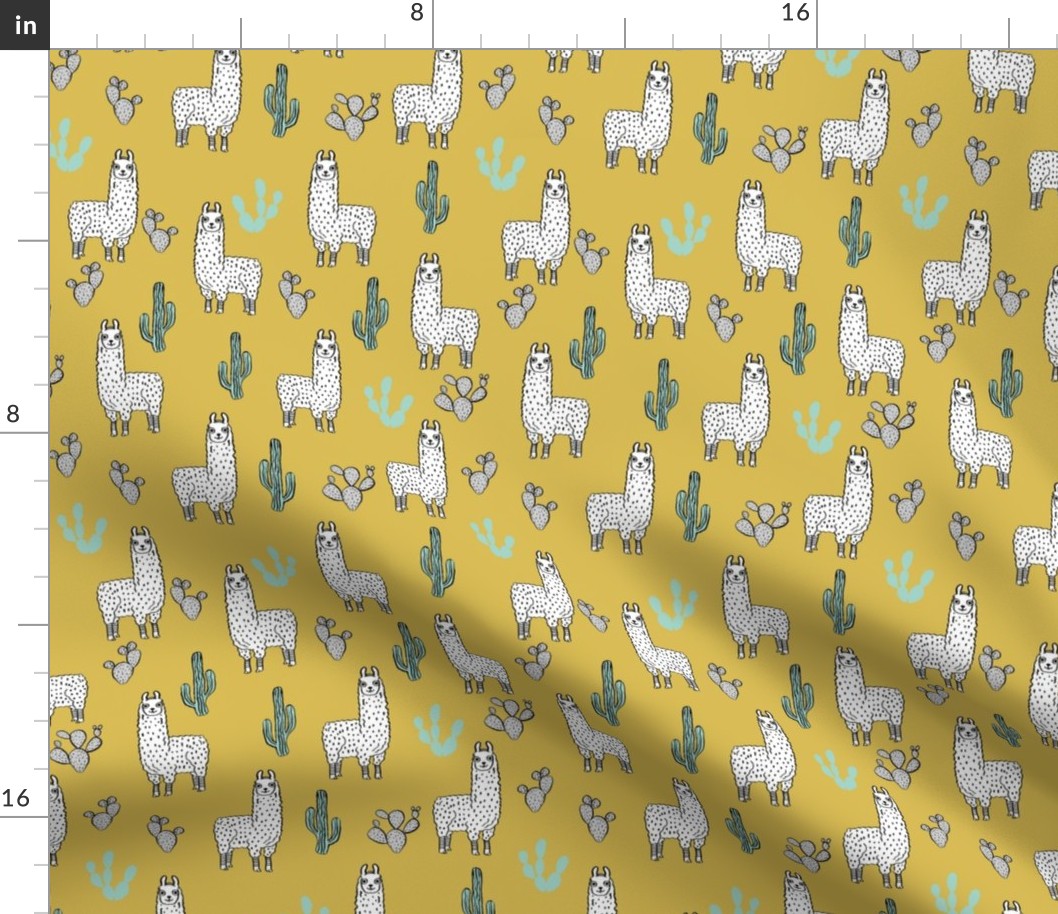 llama fabric // cute llama, cactus, nursery, baby, trendy animals, andrea lauren design fabric - mustard