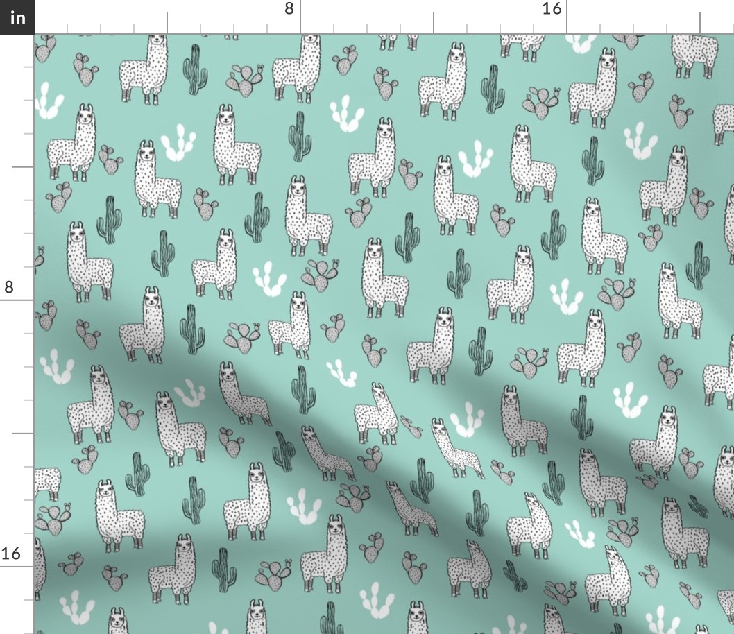 llama fabric // cute llama, cactus, nursery, baby, trendy animals, andrea lauren design fabric - mint