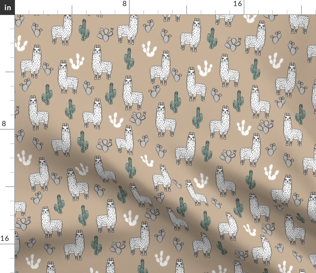 llama fabric // cute llama, cactus, nursery, baby, trendy animals, andrea lauren design fabric - khaki