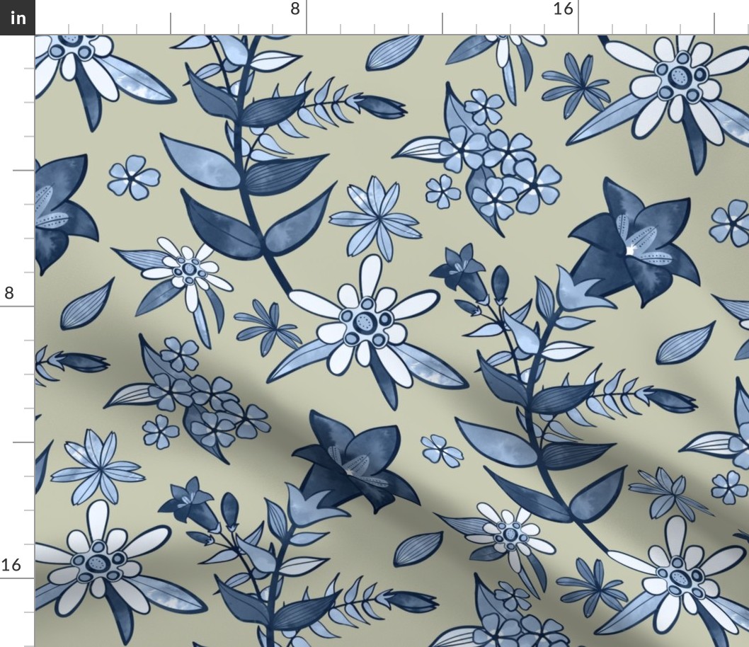 Monochrome Tan and Blue Alpine Flora / Large Scale