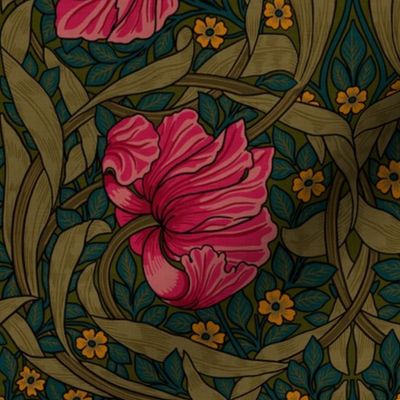 Pimpernel -MEDIUM 14"  - historic reconstructed damask wallpaper by William Morris -  autumnal teal sage and pink antiqued restored reconstruction art nouveau art deco