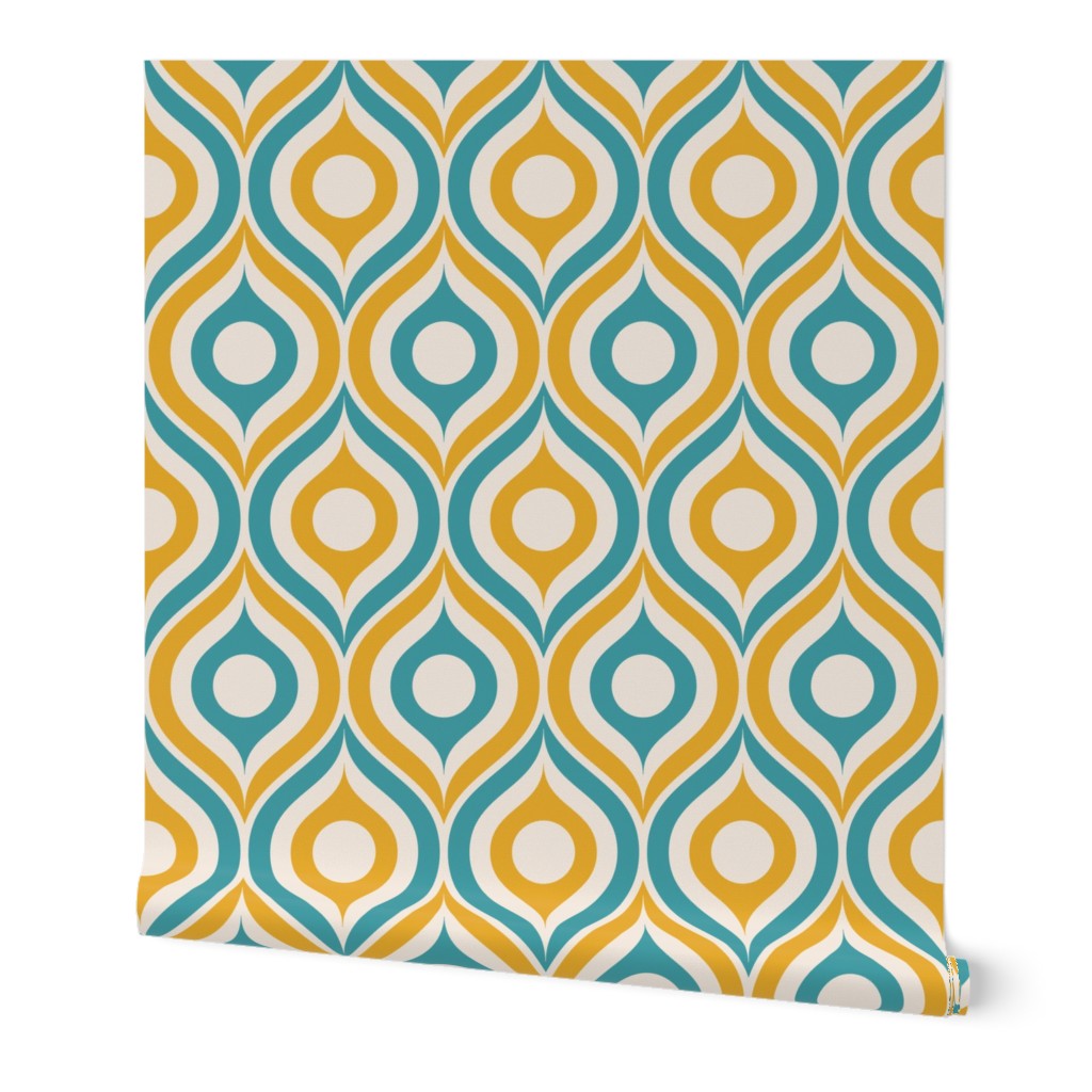 Ogee circles ovals peacock teal yellow cream